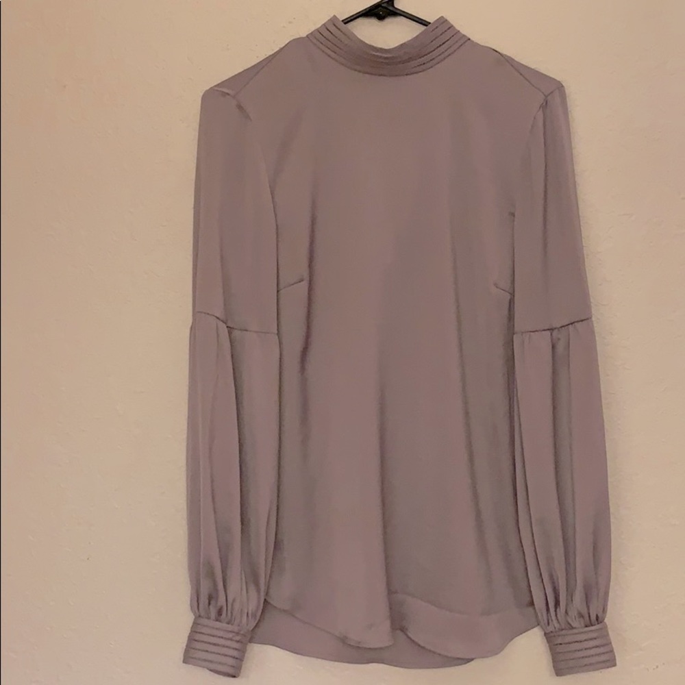 H&M lavender, satin, mock neck blouse.